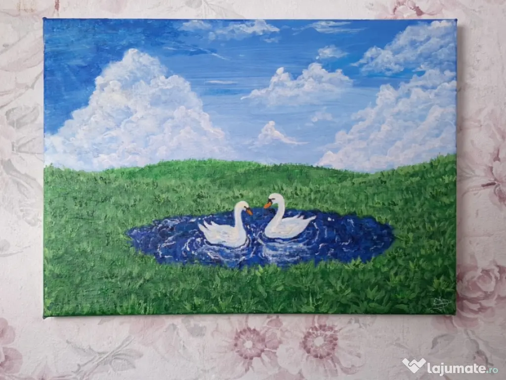 Tablou pictat manual – „Dansul Lebedelor” – acrilic pe pânză 