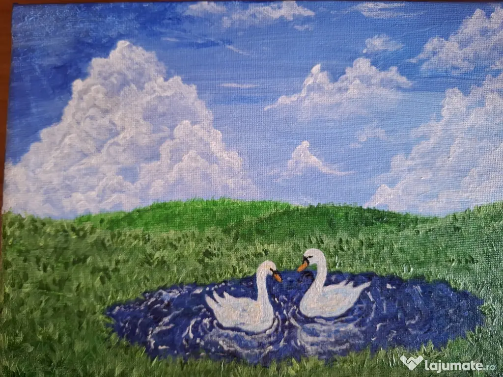 Tablou pictat manual – „Dansul Lebedelor” – acrilic pe pânză 