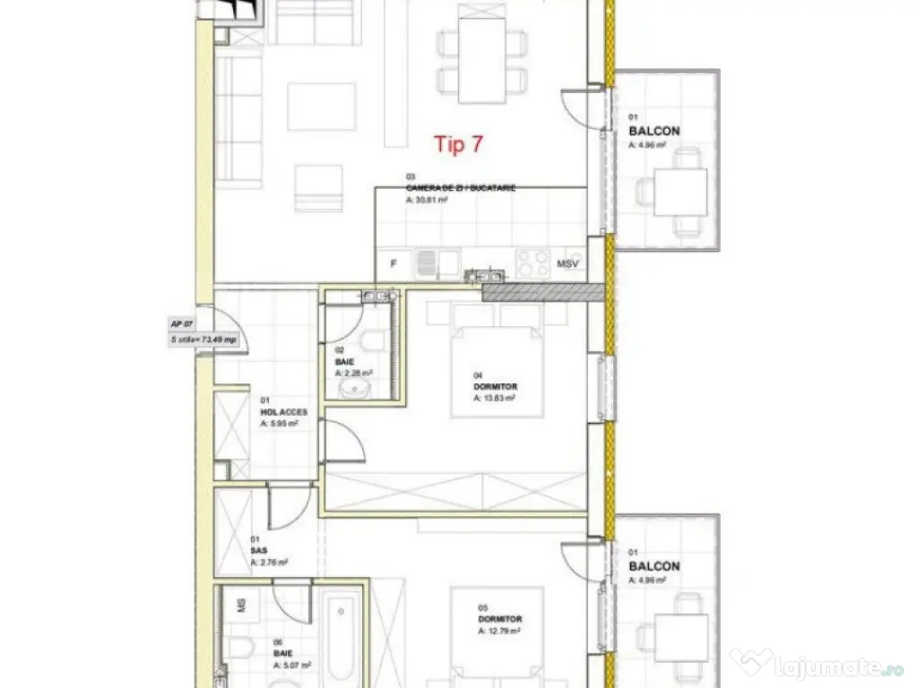 Apartament cu 3 camere, 73,49 mp, 2 balcoane, zona Louis Pas