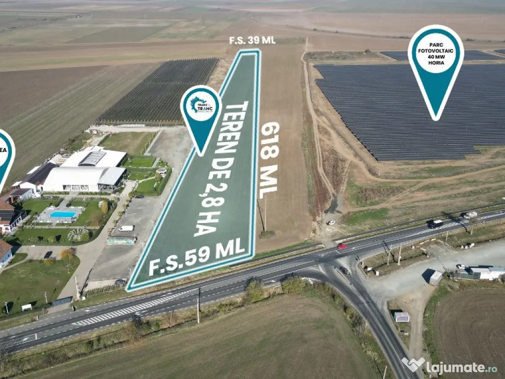 Teren de 2,8 ha pentru dezvoltare industriala, horeca sau fotovoltaice 