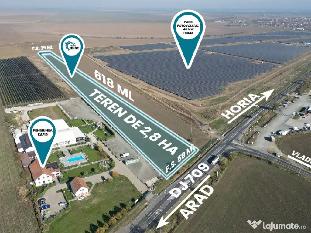 Teren de 2,8 ha pentru dezvoltare industriala, horeca sau fotovoltaice 