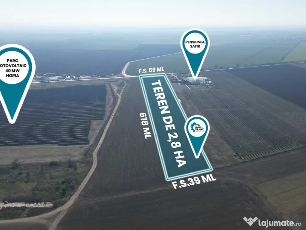 Teren de 2,8 ha pentru dezvoltare industriala, horeca sau fotovoltaice 