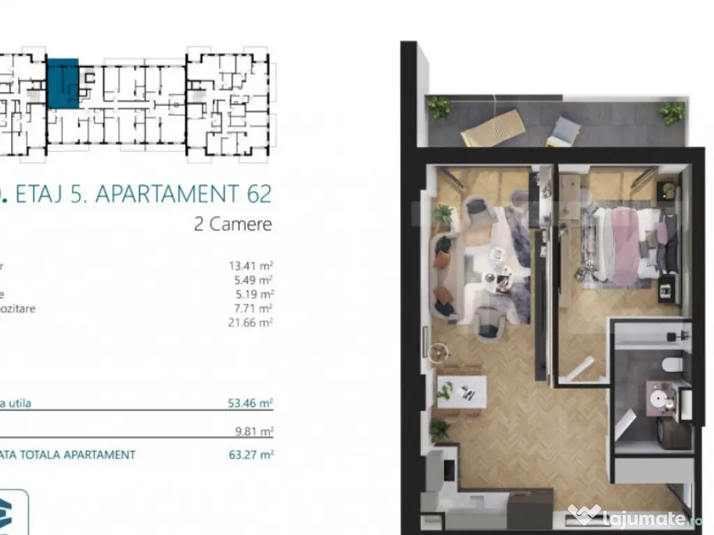 Apartament cu 2 camere, 53 mp, Ansamblu Rezidential, zona RI