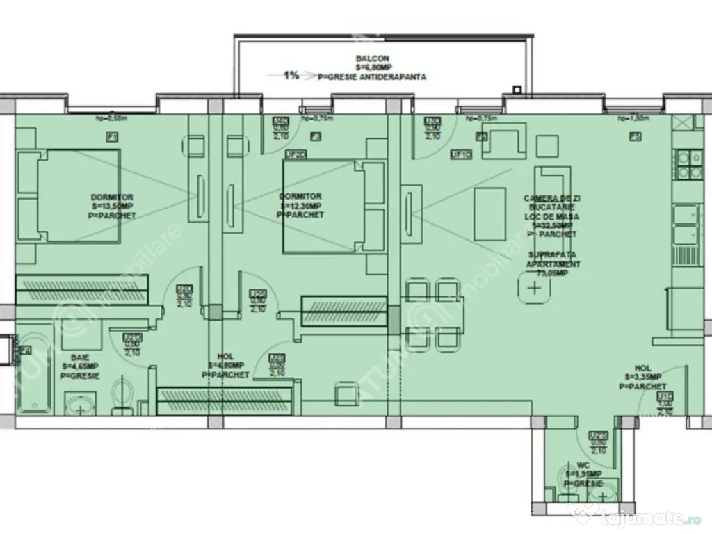 Apartament cu 3 camere 2 bai si balcon etaj 1 zona Doamna St 