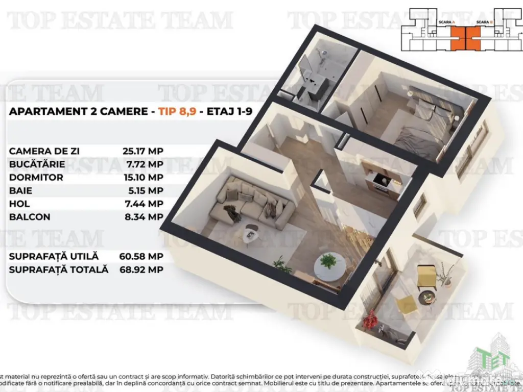 Apartament 2 camere intr-un bloc nou, modern, 61mp utili b 