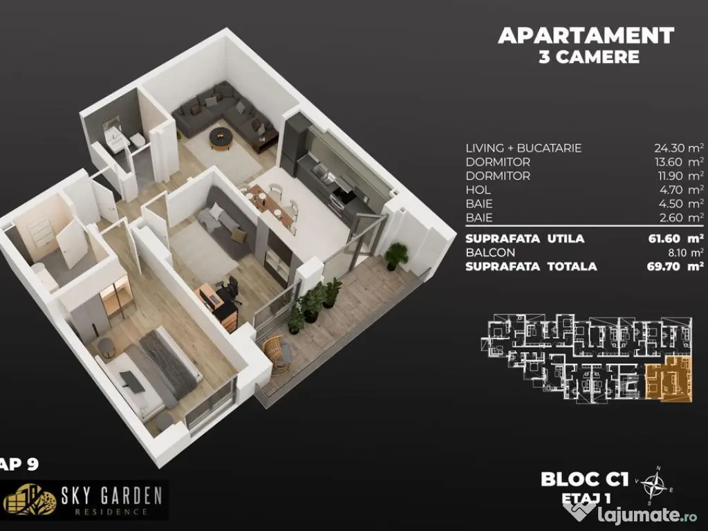 3cam,2bai, dec.(living deschis cu buc), la 3min de metrou...