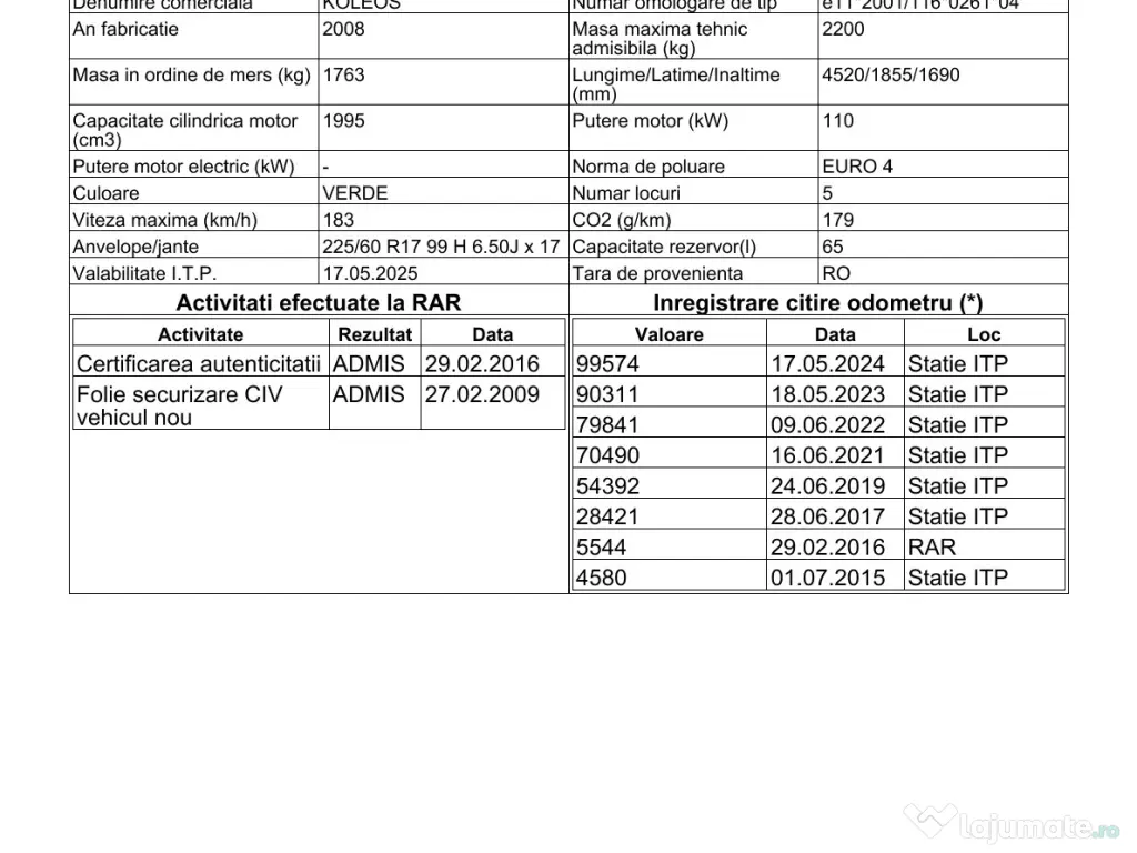 KOLEOS - 119500km. reali - Carte service si istoric RAR la zi 