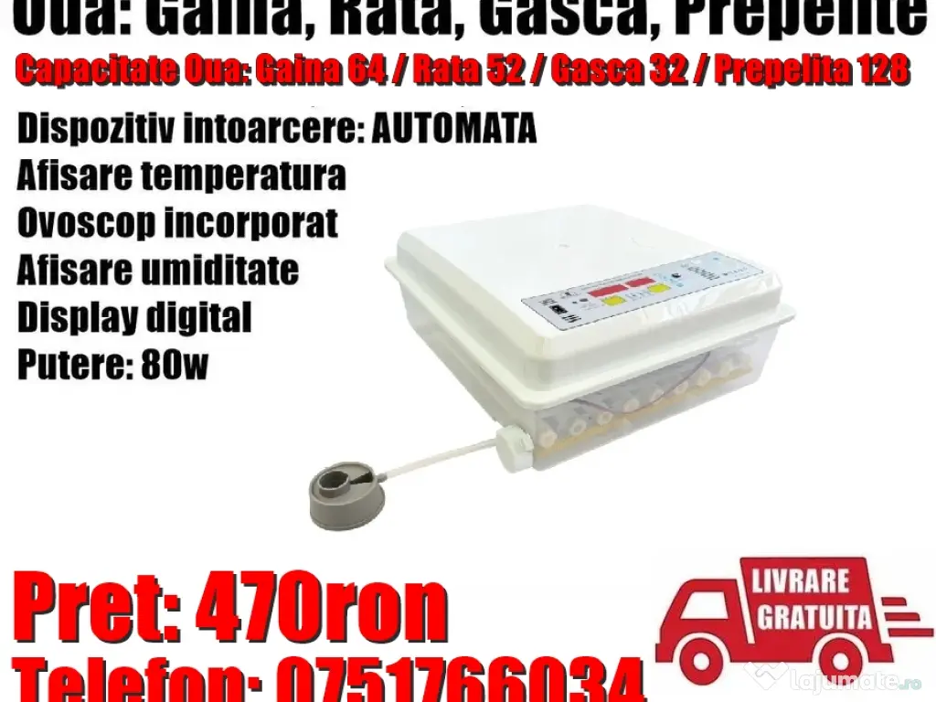 Incubator Clocitoare 64 Oua Gaina Rata Gasca Prepelite Pui Automat Ovoscop 