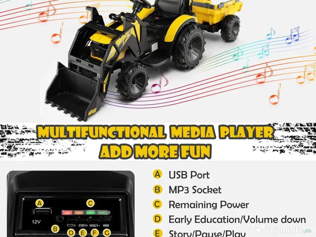 Tractor electric Kinderauto 720-T, 2x 45W 12V, cupa si incarcator Yellow 