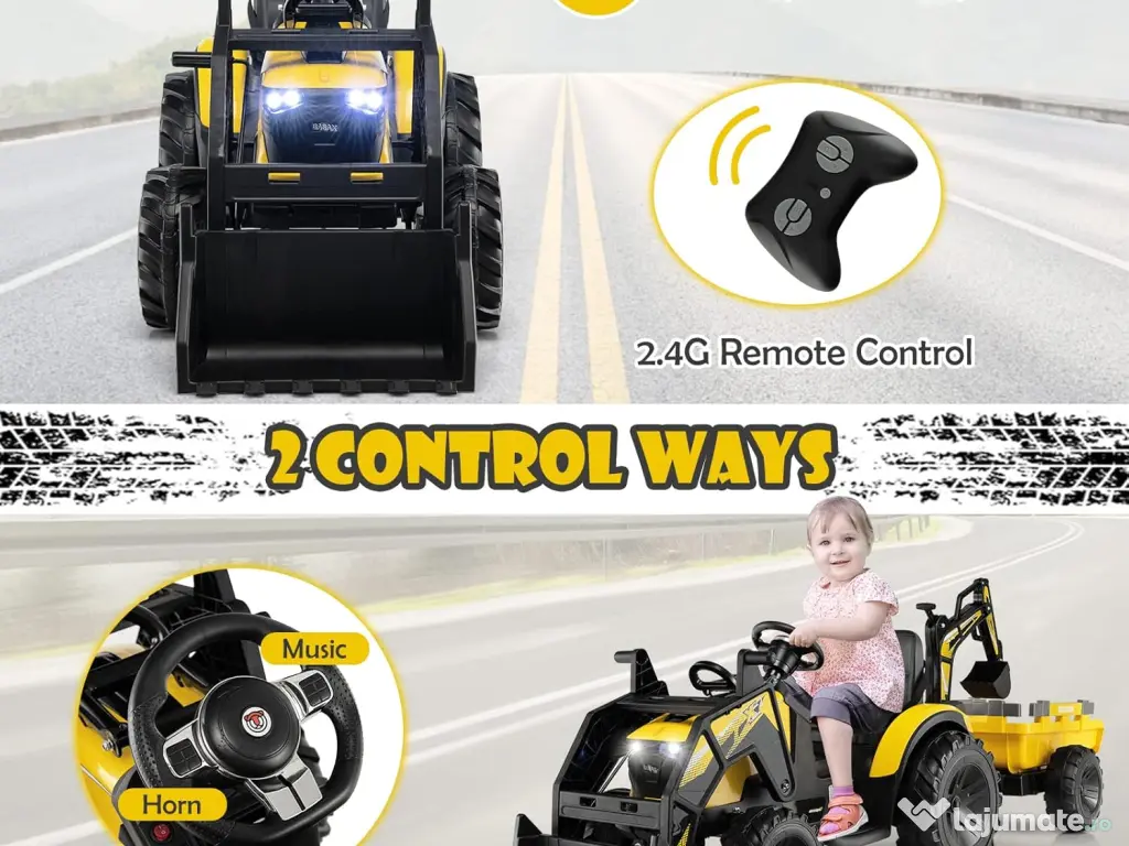 Tractor electric Kinderauto 720-T, 2x 45W 12V, cupa si incarcator Yellow 