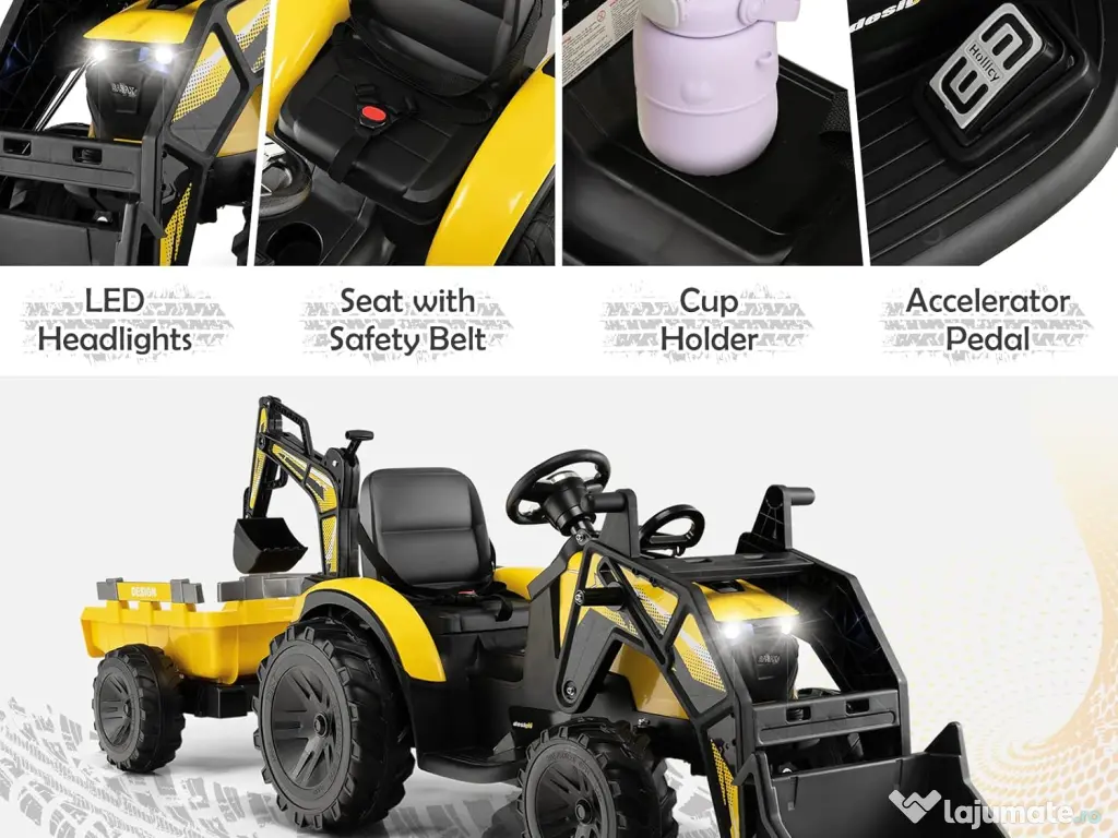Tractor electric Kinderauto 720-T, 2x 45W 12V, cupa si incarcator Yellow 
