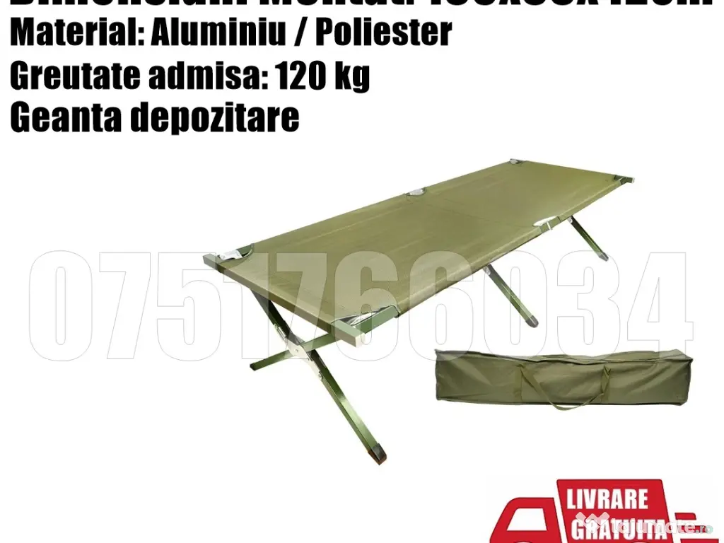 Pat Sezlong Pliabil Metalic 120kg Camping Cort Pescuit + Livrare GRATUITA !