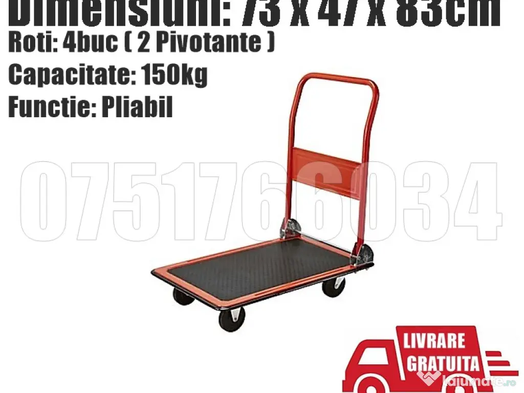 Platforma Carucior Pliabil Transport Manuala Roti 150kg + LIVRARE GRATUITA ! 