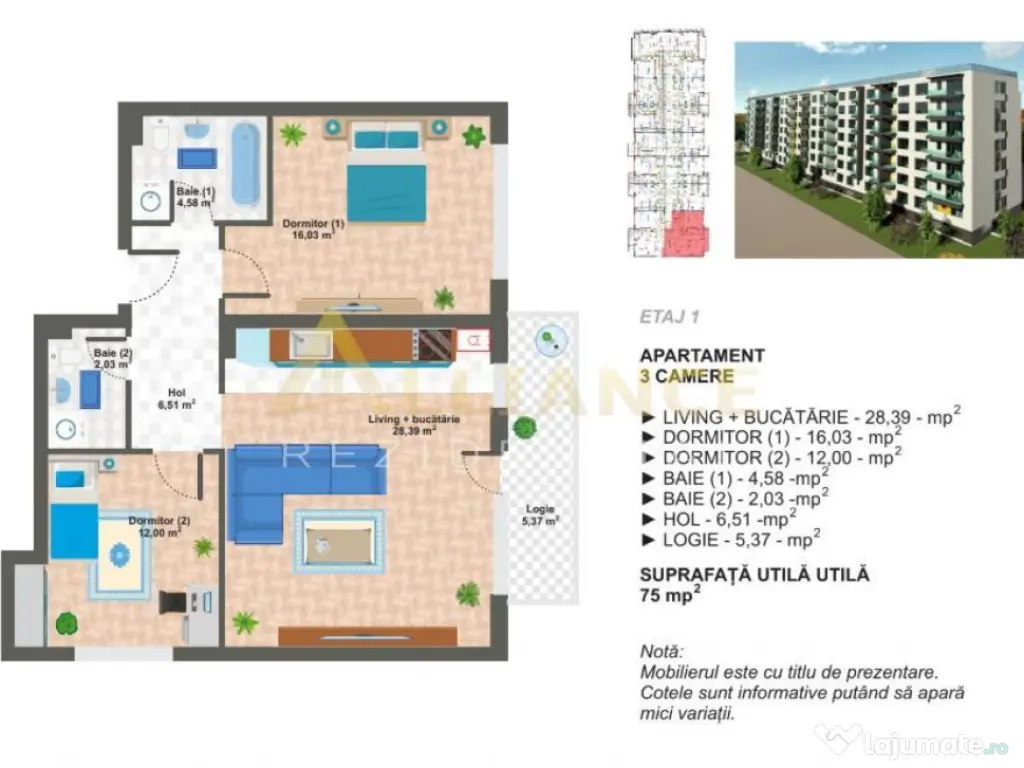 Apartament cu 3 camere - 2 bai | 75 mp | Aparatorii Patriei 