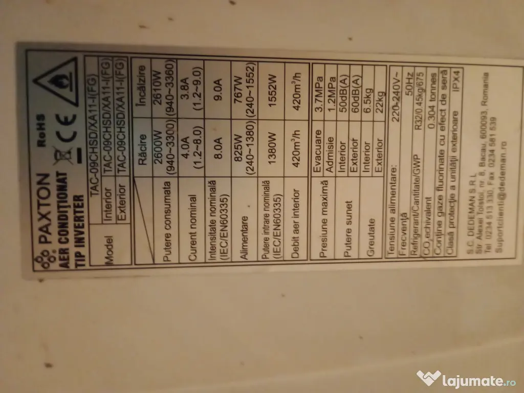 Aer conditionat Paxton cu inverter 9000Btu Wi-fi 1500 lei negociabil 