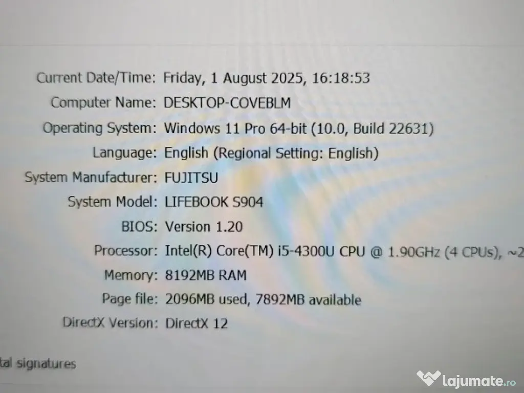 Fujitsu Lifebook S904 i5-4300U 2.5GHz, 8GB, SSD 256GB 