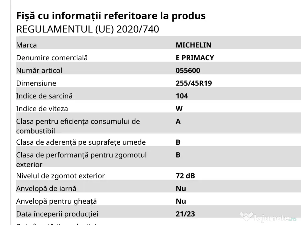 Anvelope vară 245 45 R19 Michelin e.Primacy – DOT 2025, stare foarte bună 
