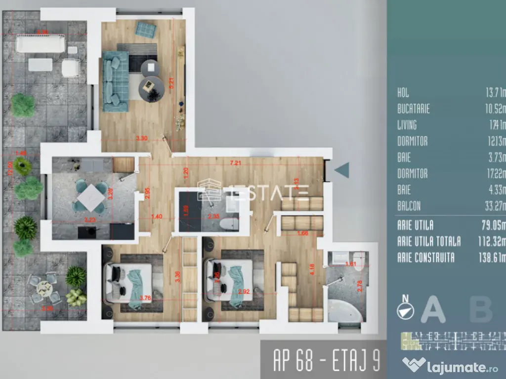 FINALIZAT | 3 cam. 79mp +terasa 34 mp, etaj 9/11, loc parca 