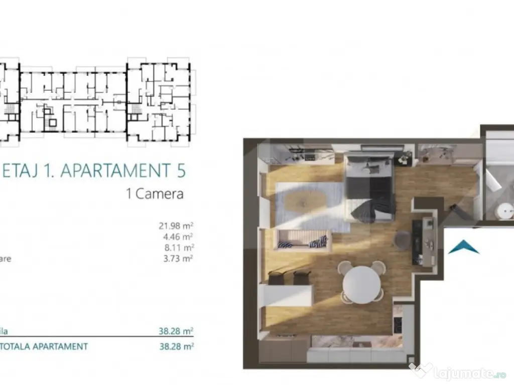 Apartament cu o camera, 38 mp, Ansamblu Rezidential, zona RI