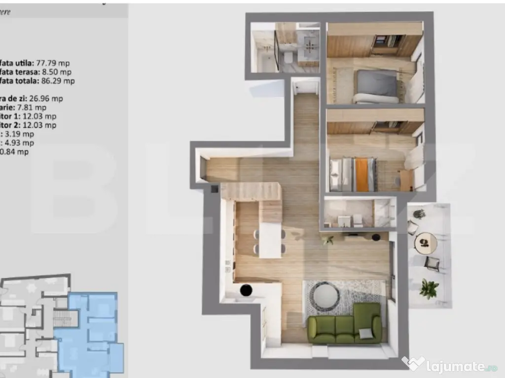 Apartament cu 3 camere, 77,79 mp, cu logie și finisaje pre