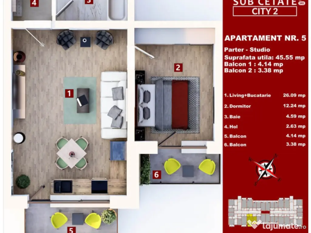 Studio 45 mp + 2 balcoane 