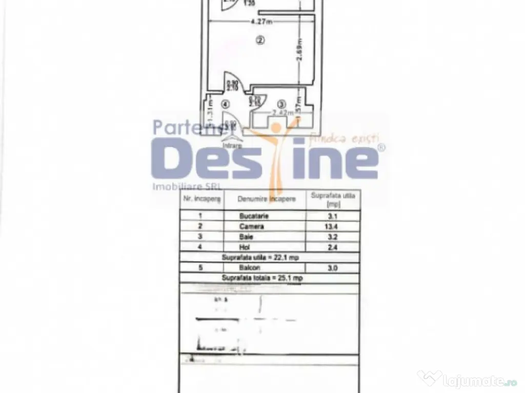 Frumoasa - Garsonieră 25 mp, etaj 1, mobilată și utilată 