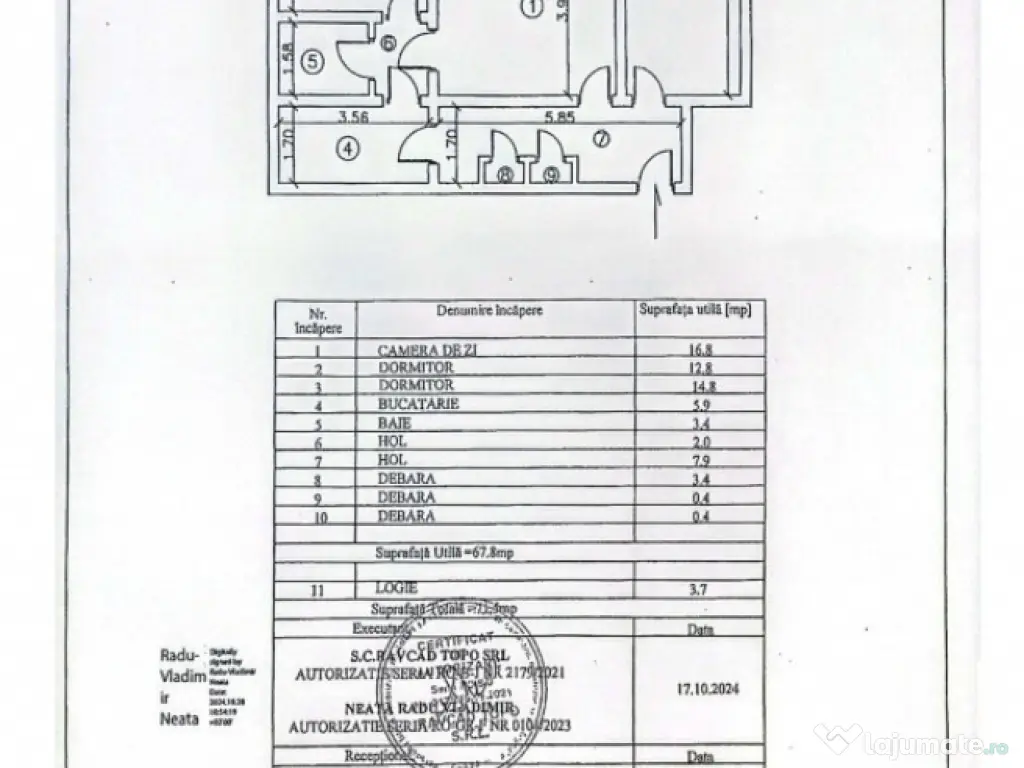 Apartament cu 3 camere la etajul 3/4 decomandat izolat termi