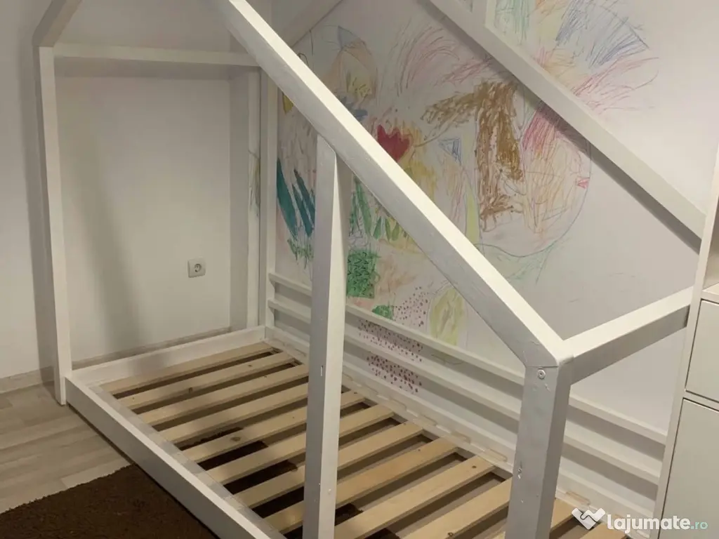 Pat copii tip căsuță 100x200 cm + saltea inclusă 