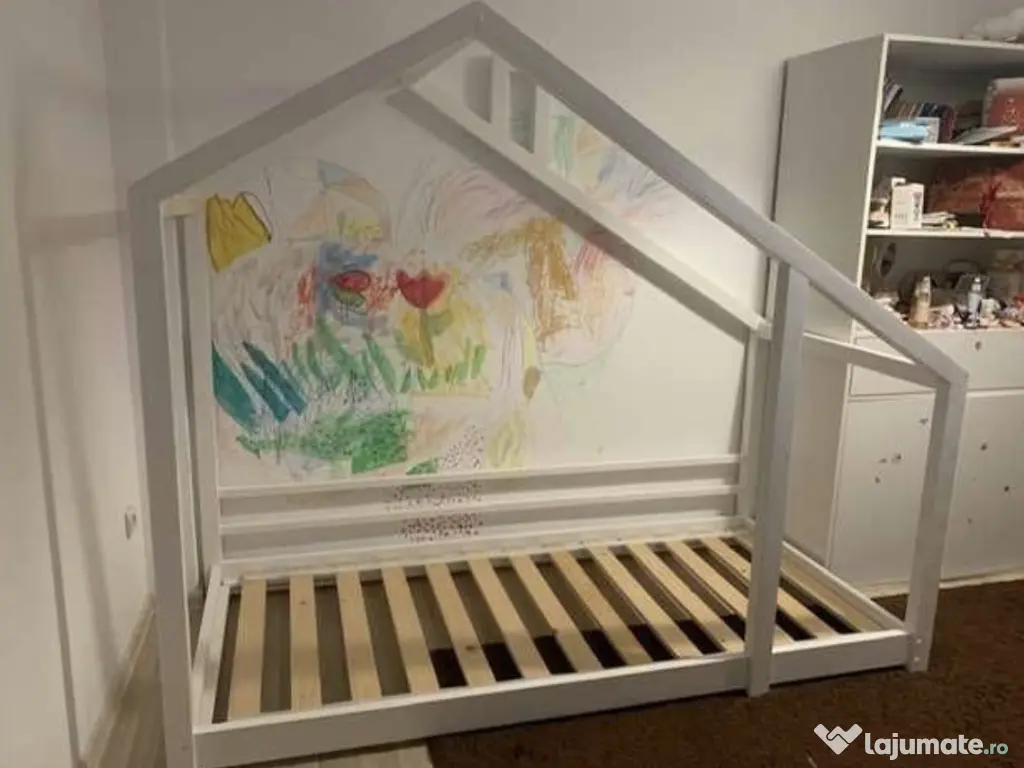 Pat copii tip căsuță 100x200 cm + saltea inclusă 