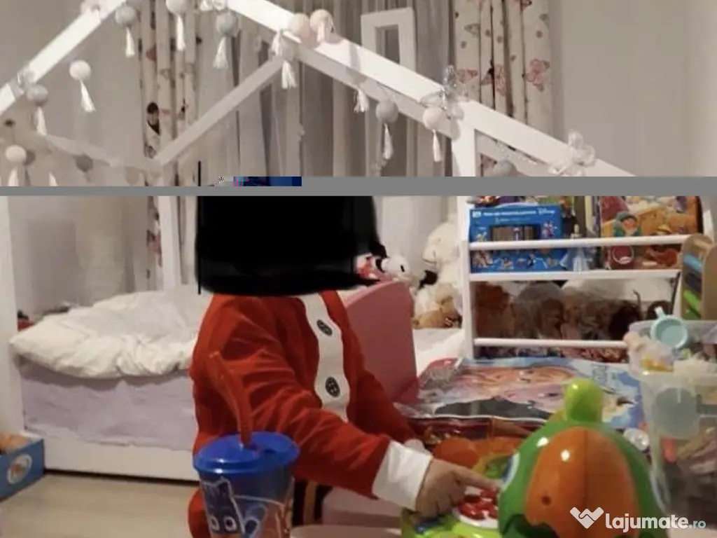 Pat copii tip căsuță 100x200 cm + saltea inclusă 