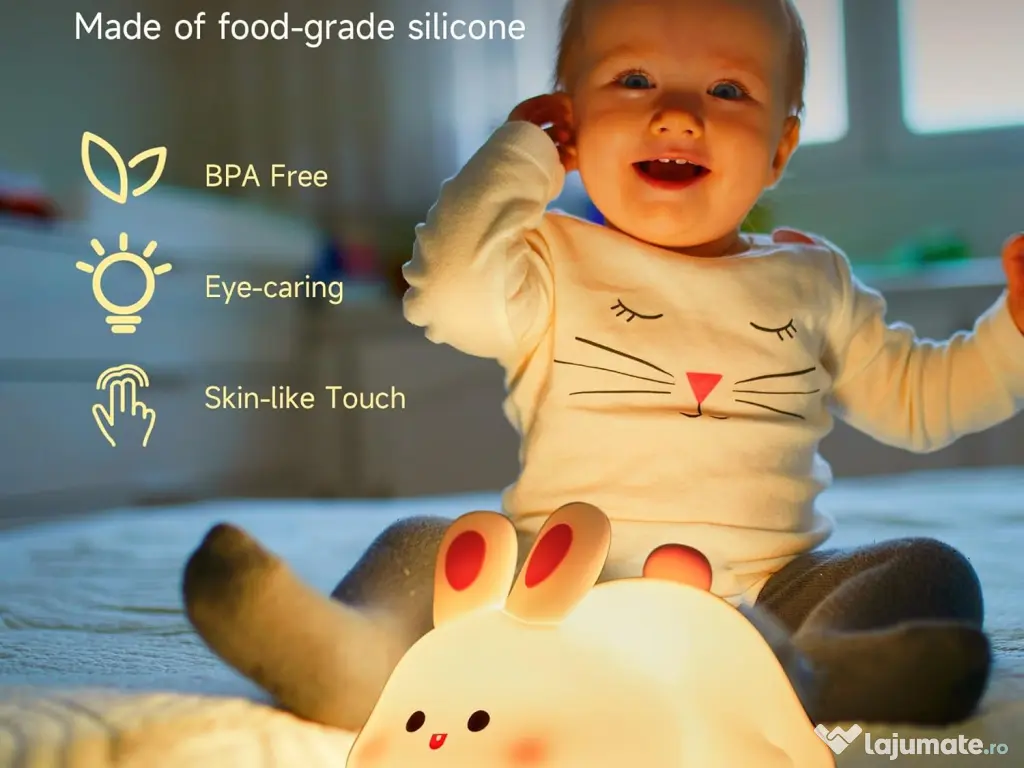 Lampă de veghe pentru copii – Iepuraș din silicon, lumină LED reglabilă 
