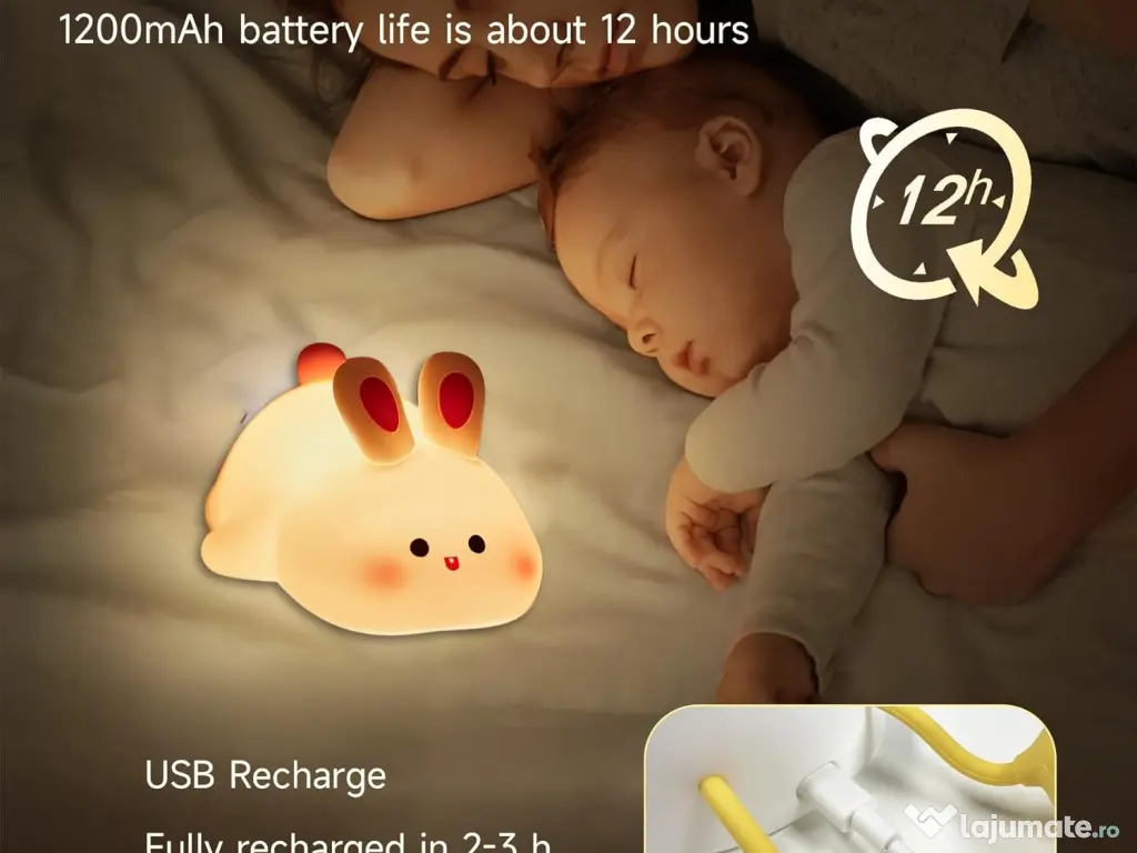 Lampă de veghe pentru copii – Iepuraș din silicon, lumină LED reglabilă 