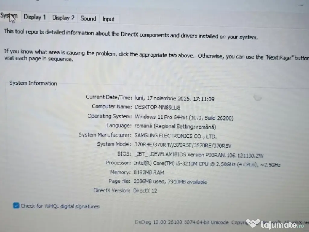 Laptop Samsung I5-3210M, Ram 8GB SSD 256GG Video 2gb 