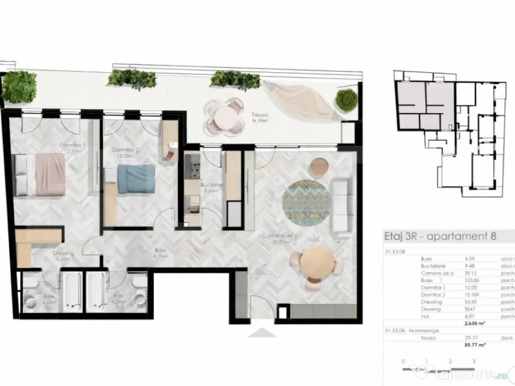 Ultracentral ! 3 camere 2 bai, 88 mp, Terasa 30 mp, Parcul C 