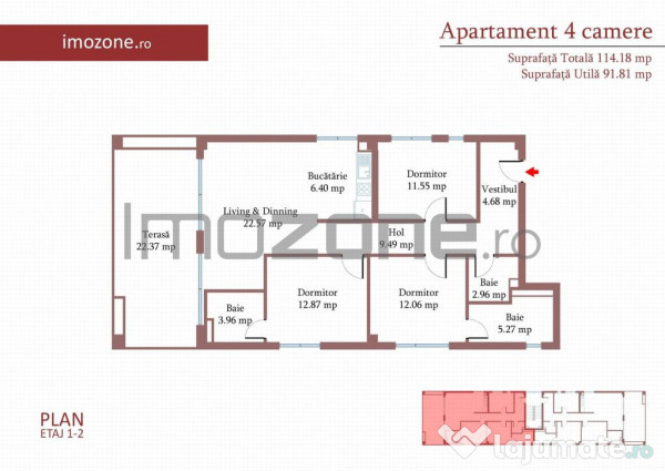 4 camere cu terasa de 22 mp, 3 bai, etaj 1/3, FINISAT MOD... 