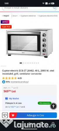 Cuptor electric ECG ET 20482, 48 L, 2000 W, otel inoxidabil 