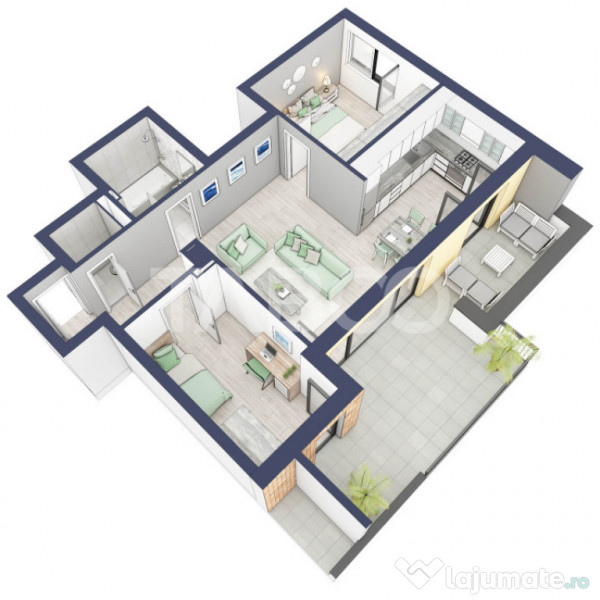 Apartament 66 mp utili 3 camere 2 bai etaj 3 in bloc cu lift 