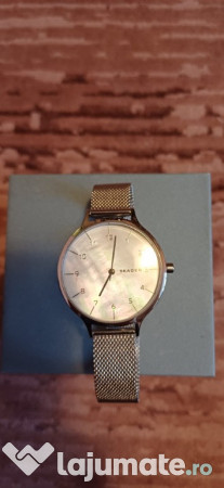 Ceas Skagen Argintiu cu bratara metalica cu model plasa si cristale
