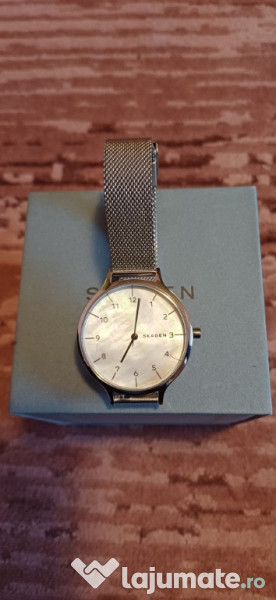 Ceas Skagen Argintiu cu bratara metalica cu model plasa si cristale 