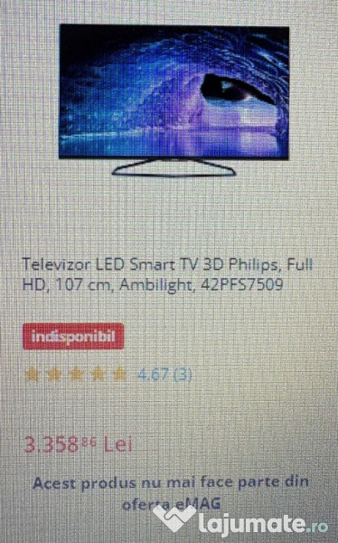 Televizor LED Smart TV 3D Philips,Full HD,107 cm,Ambilight,42PFS7509 