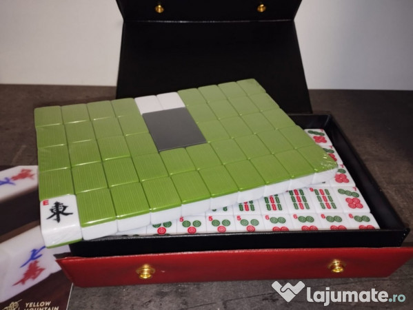 Set Mahjong Chinezesc „Oază de Bambus”, 146 piese, cu husă roșie vinil 