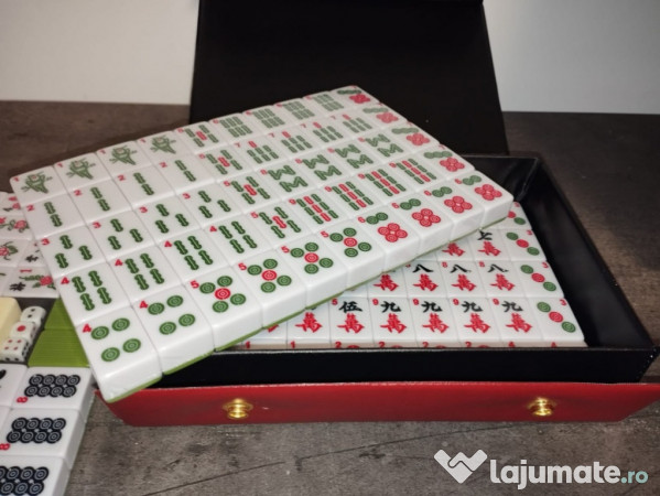 Set Mahjong Chinezesc „Oază de Bambus”, 146 piese, cu husă roșie vinil 