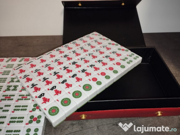 Set Mahjong Chinezesc „Oază de Bambus”, 146 piese, cu husă roșie vinil 