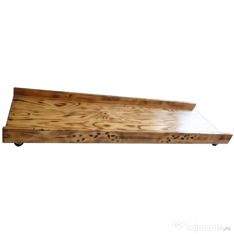 Suport depozitare sub pat din lem ars, cu roti pivotante, hand-made