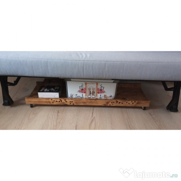 Suport depozitare sub pat din lem ars, cu roti pivotante, hand-made