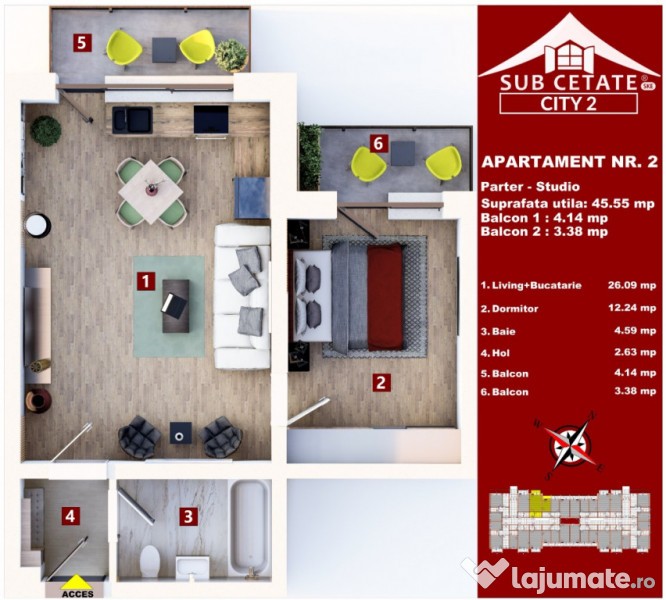 Direct Dezvoltator: Studio de vanzare la oferta, 46mp- Subcetate City2 