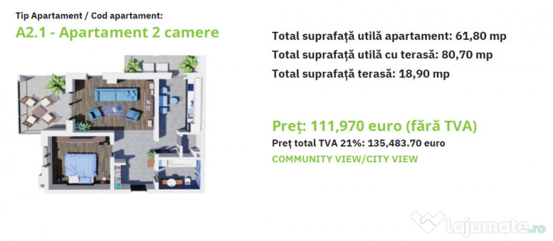 C/1556_1 De vânzare apartament cu 2 camere -Green Residence