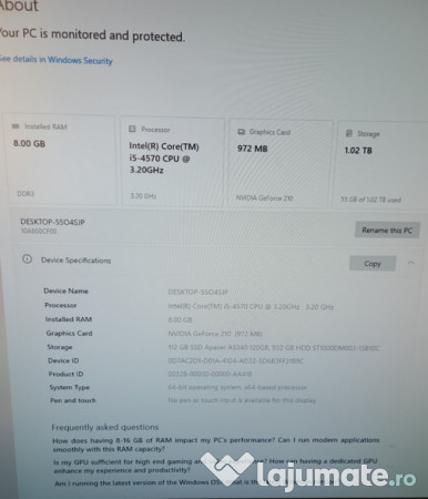 Calculator Lenovo i5/ 8Gb+Monitor Samsung HDMI diagonala 76 cm