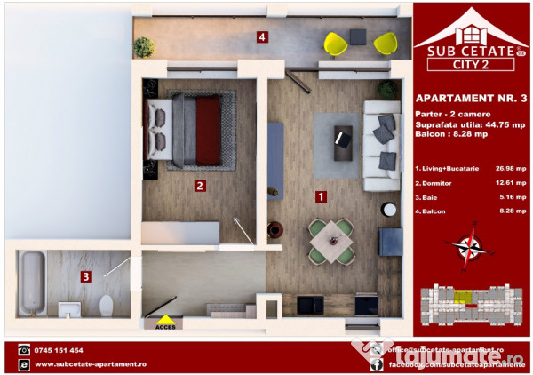 Studio 2 camere LA SUPER pret in CETATE CITY si cu credite bancare 
