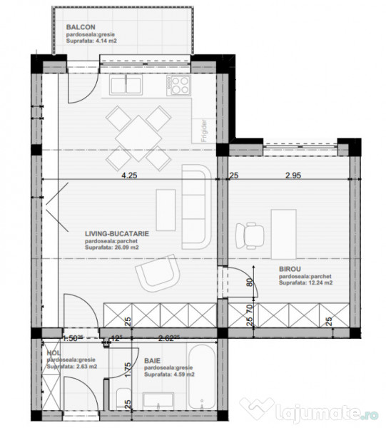 Apartament tip STUDIO, 46 mp utili, etaj 3/4, direct DEZVOLTATOR. 